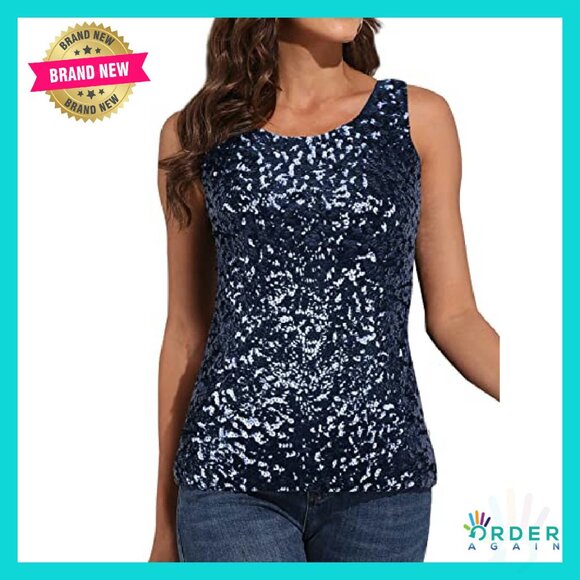 Sequin Sparkle Tank Top Glam Y2K Party Vest Elegant Night Out Stretchy Fit - Picture 3 of 8